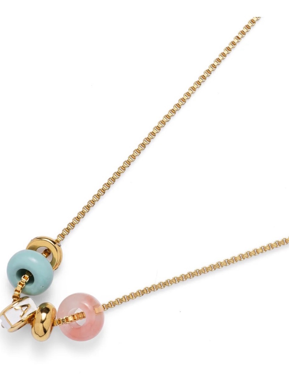 Gold Initial A on Box-Chain Necklace with Pink & Light Blue Bead Accents NEW